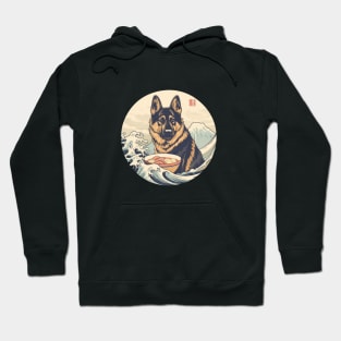 German Shepherd Eating Sushi, Great Wave Hokusai Hoodie